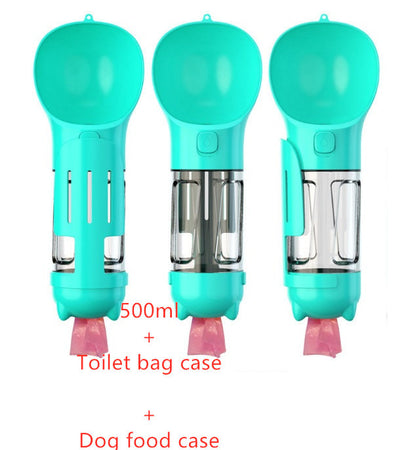 Portable 3-in-1 turquoise dog water bottle with attached food and toilet bag cases, 500ml capacity