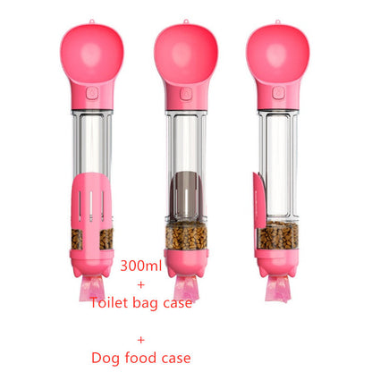 Pink 3-in-1 pet water bottle with portable dog feeder, food case, and toilet bag dispenser