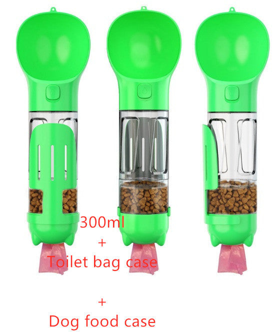 Portable green 3-in-1 pet water bottle with 300ml capacity, dog food and toilet bag cases