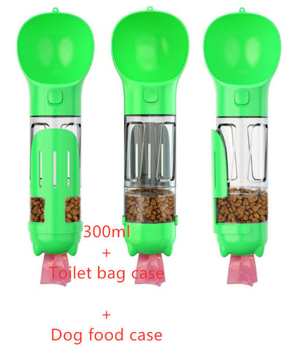 Portable green 3-in-1 pet water bottle with 300ml capacity, dog food and toilet bag cases