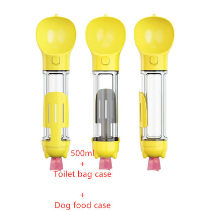 Yellow 500ml portable dog water bottle with attached food container and toilet bag dispenser for travel