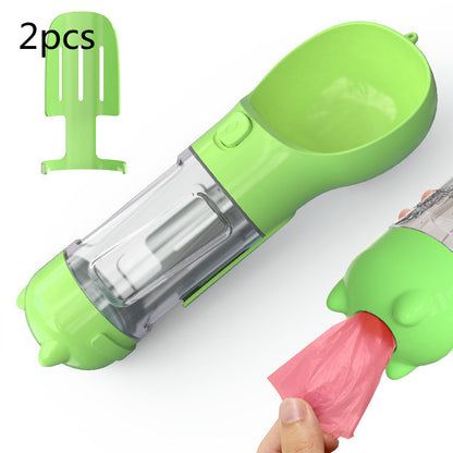 Green portable pet water bottle with attached bowl and two green poop bag dispensers