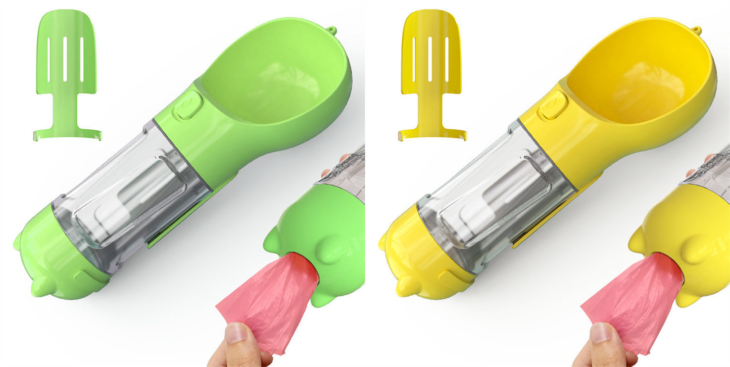 Green and yellow portable 3-in-1 pet water bottles with attached scoop and pink waste bag dispenser