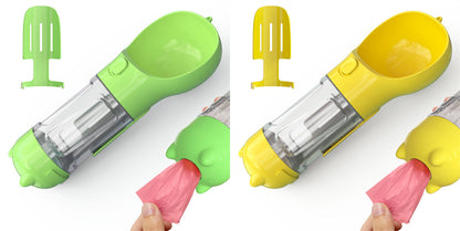 Green and yellow portable 3-in-1 pet water bottles with attached scoop and pink waste bag dispenser