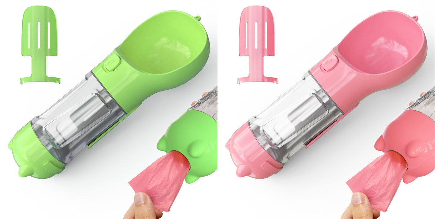 Portable dog water bottle and feeder with pink and green 3-in-1 design and waste bag dispenser