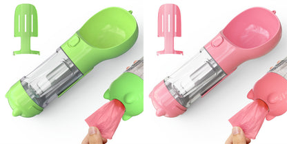 Portable dog water bottle and feeder with pink and green 3-in-1 design and waste bag dispenser