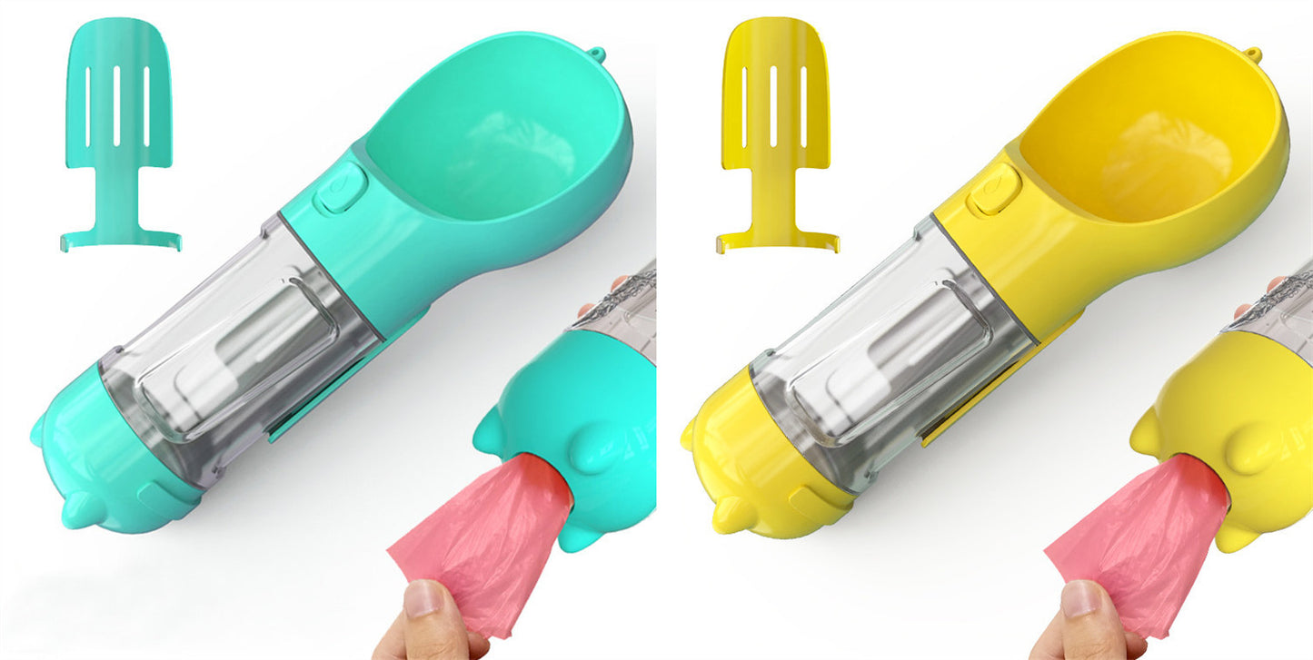 Portable 3-in-1 pet water bottle and feeder with attached waste bag dispenser in turquoise and yellow colors