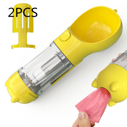Yellow portable pet water bottle with built-in dispenser and pink waste bags, shown with 2pcs accessories