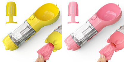 Portable 3-in-1 pet water bottle and dog feeder in yellow and pink with clip and waste bag dispenser