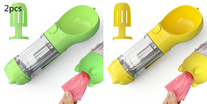 Green and yellow portable pet poop bag dispensers with scoops and pink bags being pulled out