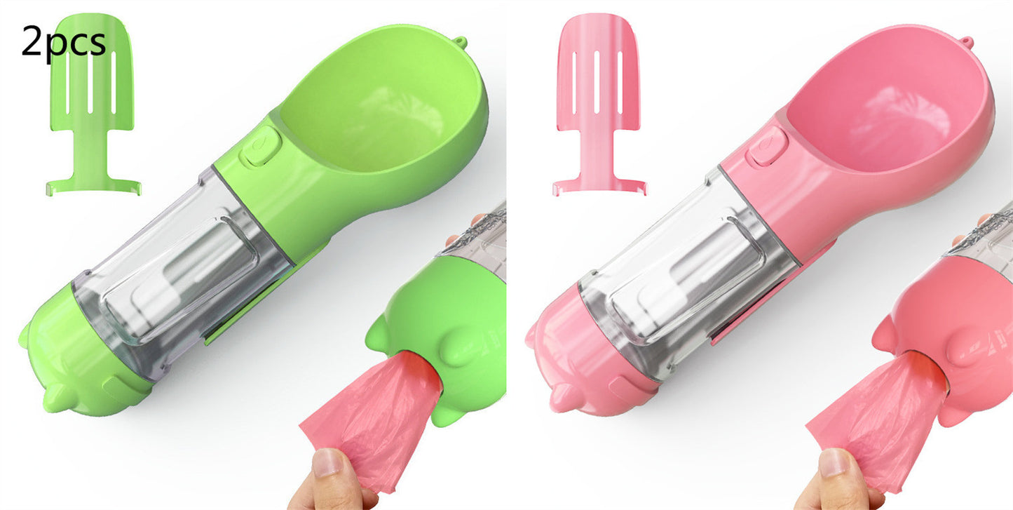 Green and pink 3-in-1 portable pet water bottles with attached feeding bowls and poop bag dispensers