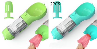 Green and blue portable pet water bottles with attached scoop and pink waste bag dispenser