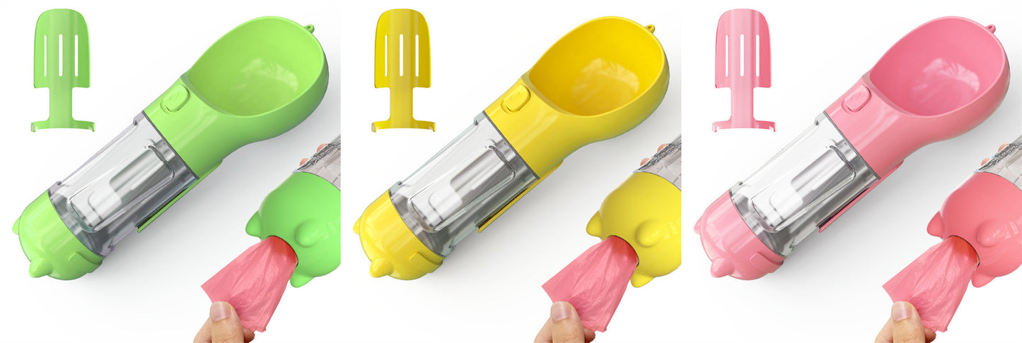 Three portable 3-in-1 dog water bottles in green, yellow, and pink with attached waste bag dispensers and poop scoop tools
