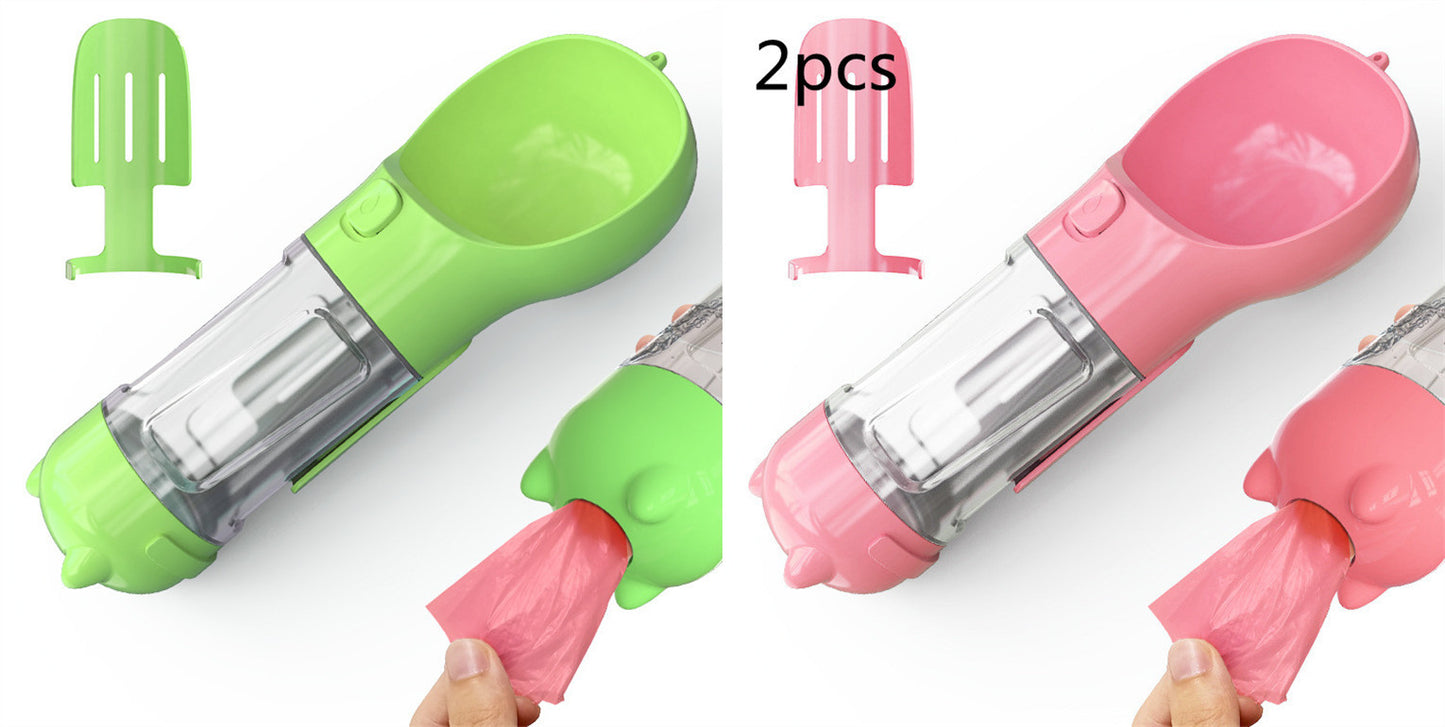 Pink 3-in-1 portable dog water bottle and feeder with built-in waste bag dispenser