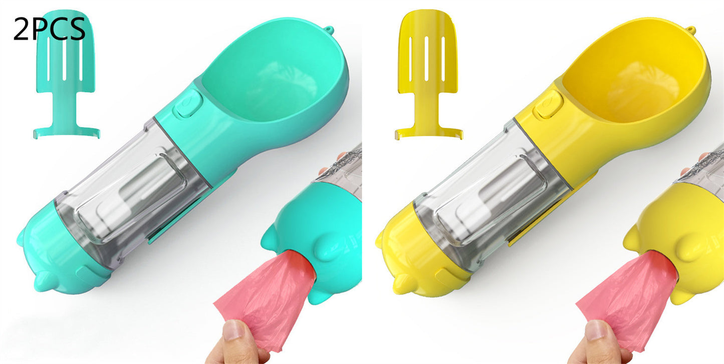 Two portable pet water bottles with attached dog poop bag dispensers in turquoise and yellow, with scoops and pink bags