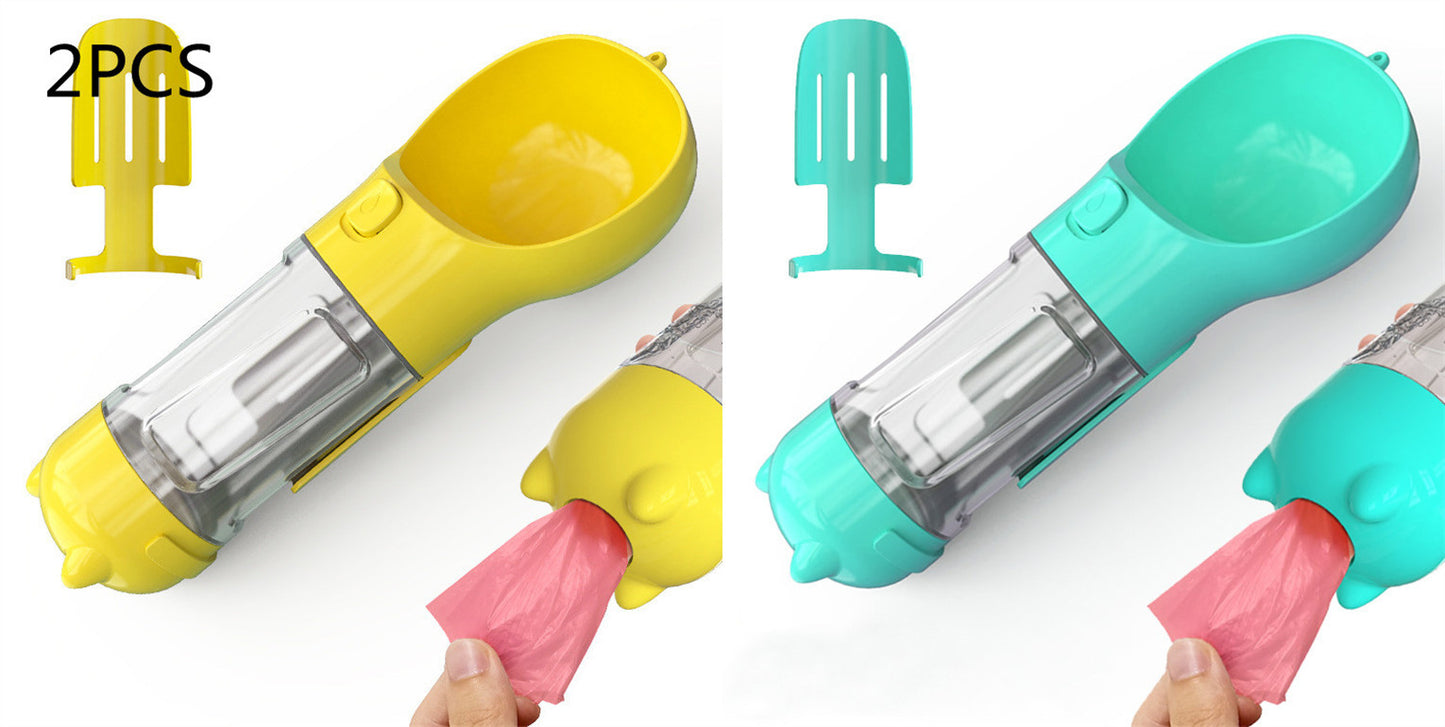 Yellow and turquoise portable dog water bottles with built-in dispensers and attached poop bag holders