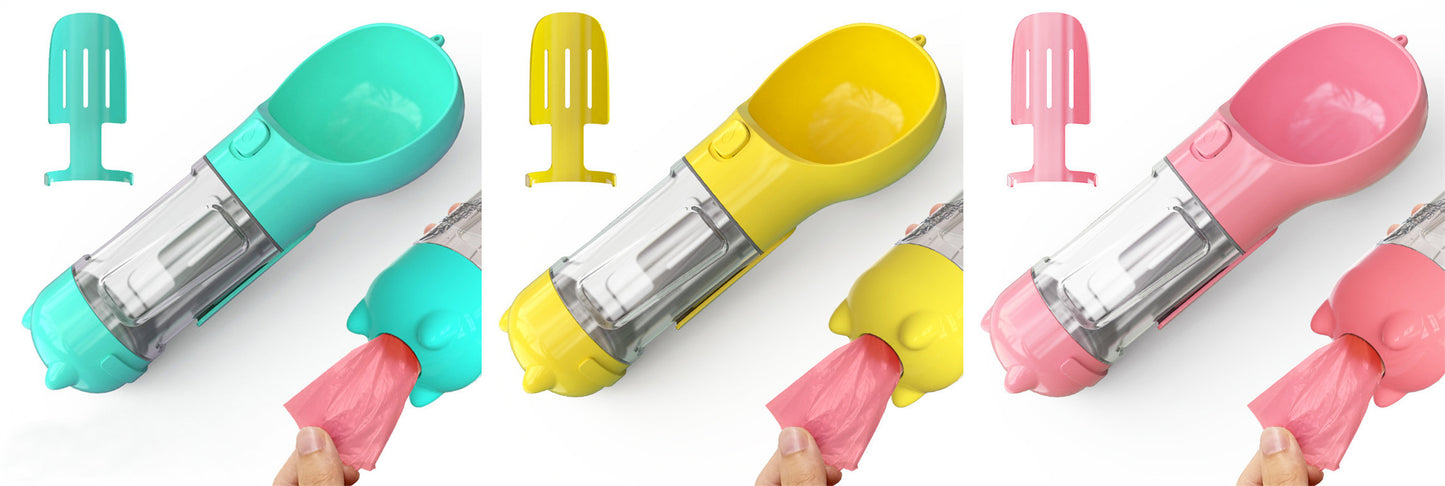 Three 3-in-1 portable dog water bottles in turquoise, yellow, and pink with attached scoops and dispensers for waste bags