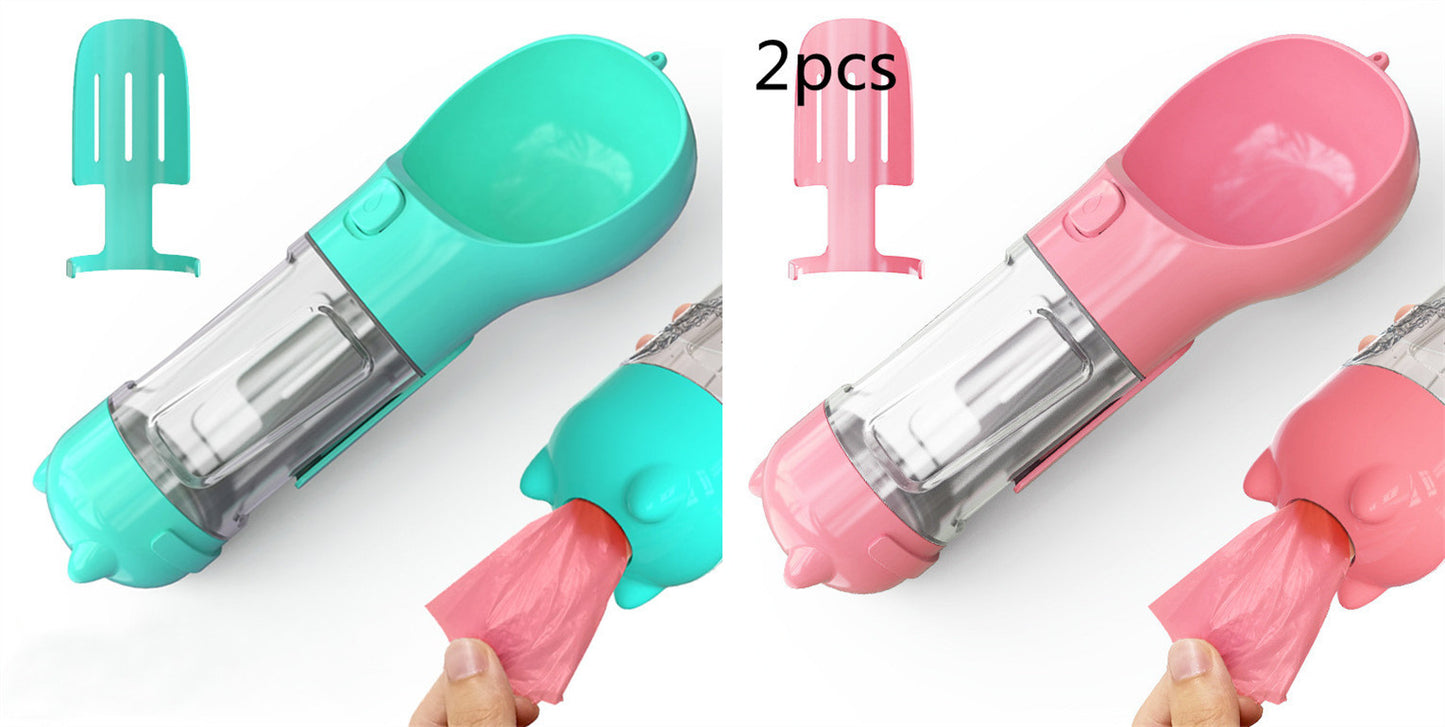 Two portable 500ml pet water bottles with bowls in turquoise and pink, includes poop bag dispenser and scoop