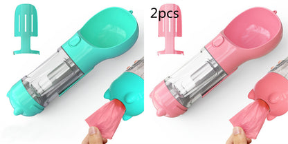 Two portable 500ml pet water bottles with bowls in turquoise and pink, includes poop bag dispenser and scoop