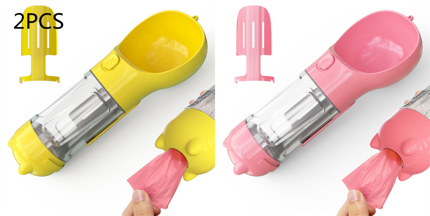 Yellow and pink 3-in-1 portable pet water bottles with attached dispensers and pink waste bags