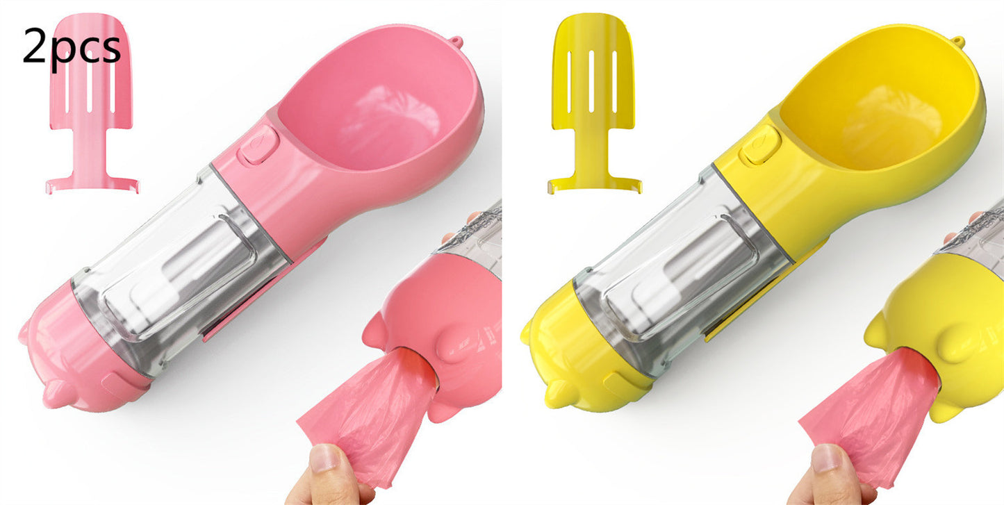 2pcs portable pet water bottles with built-in dog feeders and waste bag dispenser in pink and yellow