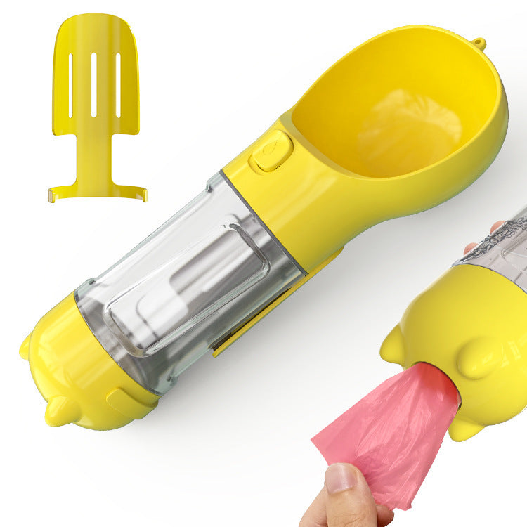 Yellow portable pet water bottle with attached bowl and built-in dog waste bag dispenser