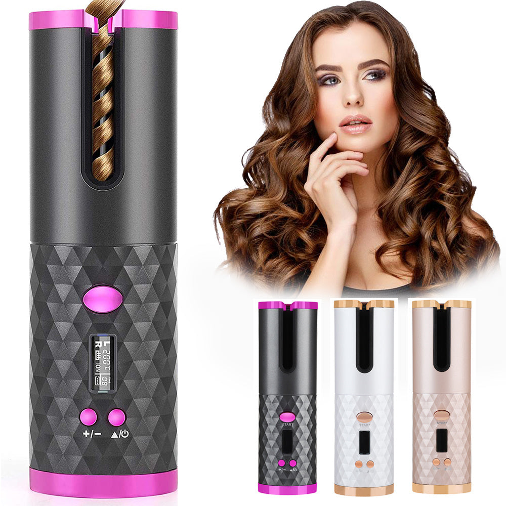 Cordless auto hair curler with digital temperature control in black, white, and rose gold, styling brunette hair