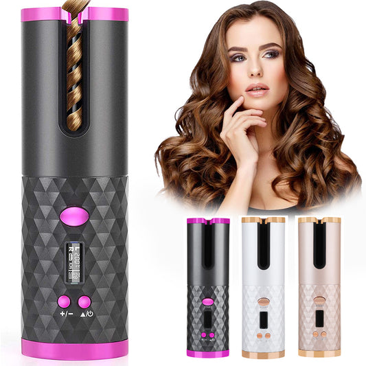 Cordless auto hair curler with digital temperature control in black, white, and rose gold, styling brunette hair