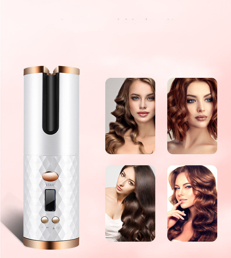 Cordless automatic hair curler with digital display and models showing various wavy hairstyles