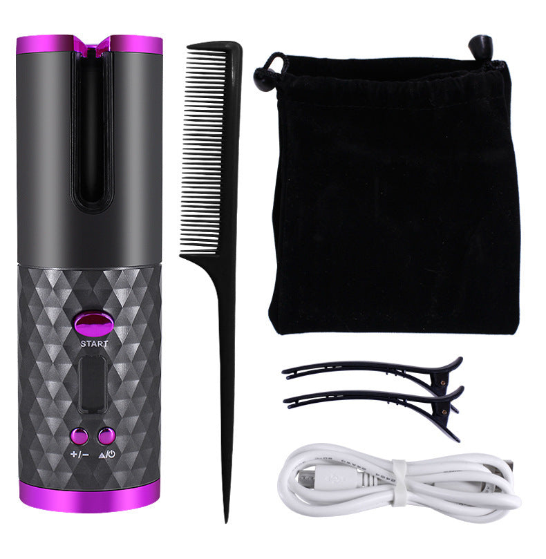 Pink and grey cordless automatic hair curler with comb, storage pouch, clips, and USB charging cable