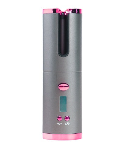 Cordless auto hair curler in pink and grey with digital temperature display and control buttons