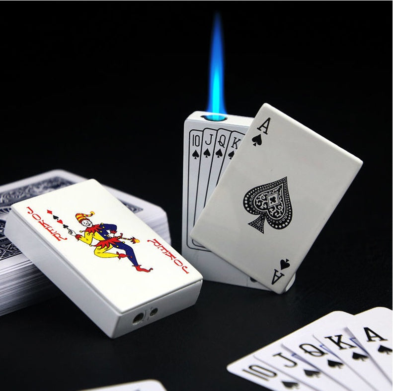 Playing card-themed zinc alloy lighter with blue flame and joker and ace of spades design