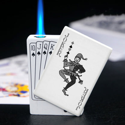 Zinc alloy poker card lighter with Joker and spade royal flush design, blue flame ignition