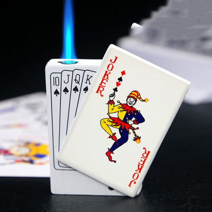 Creative poker card design zinc alloy lighter with Joker and spade royal flush, blue flame