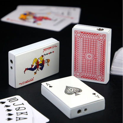 Zinc alloy poker card lighters with playing card designs including Joker, Ace of Spades, and red back pattern on black surface