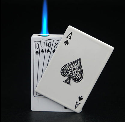 White poker card zinc alloy lighter with poker card design and blue flame, Ace and royal flush cards