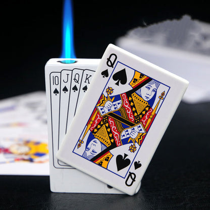 Creative zinc alloy lighter shaped like spade playing cards with blue flame on black background
