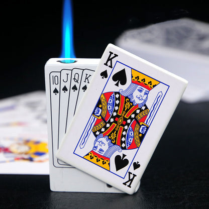Creative zinc alloy lighter designed like poker cards with blue flame, featuring King and spade cards