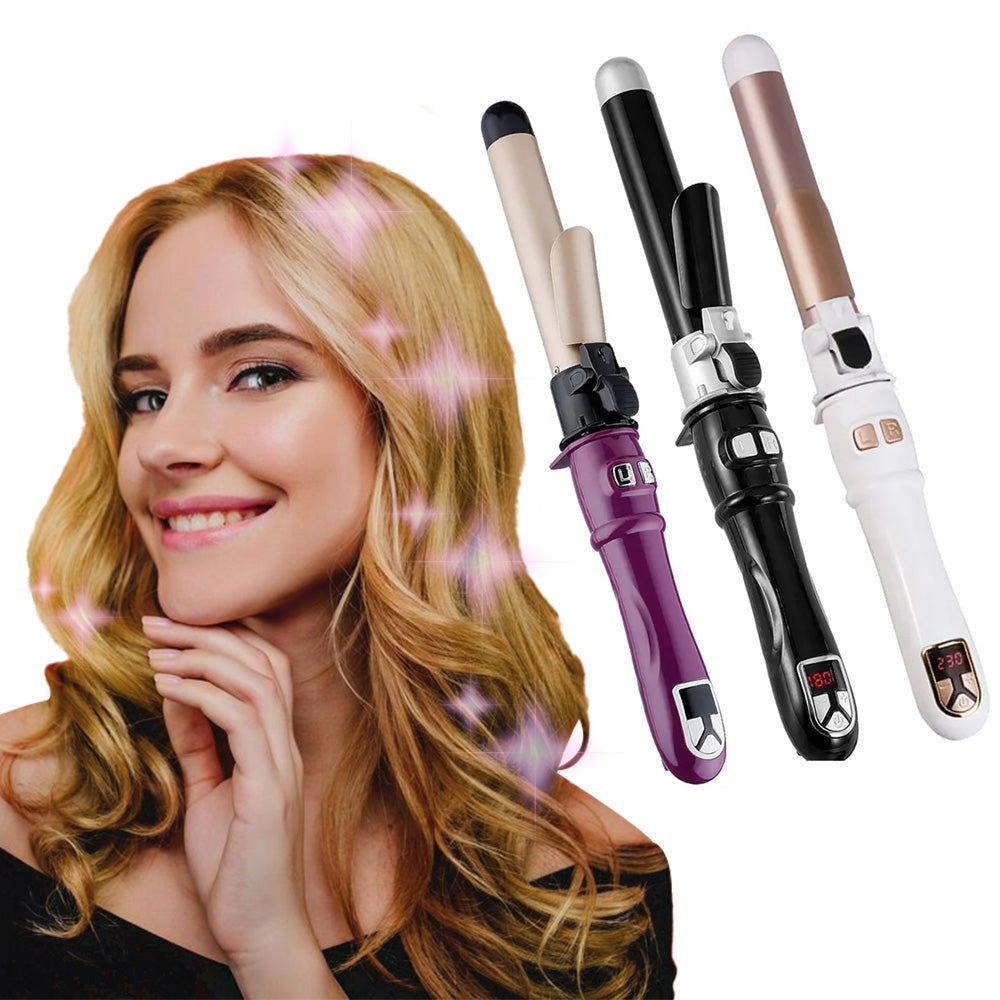 Smiling woman with long blonde curly hair and three automatic curling irons in purple, black, and white