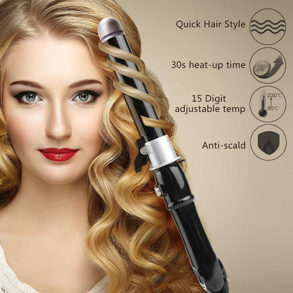 Woman with blonde hair using black curling iron with purple tip, fast heat-up, adjustable temp, anti-scald