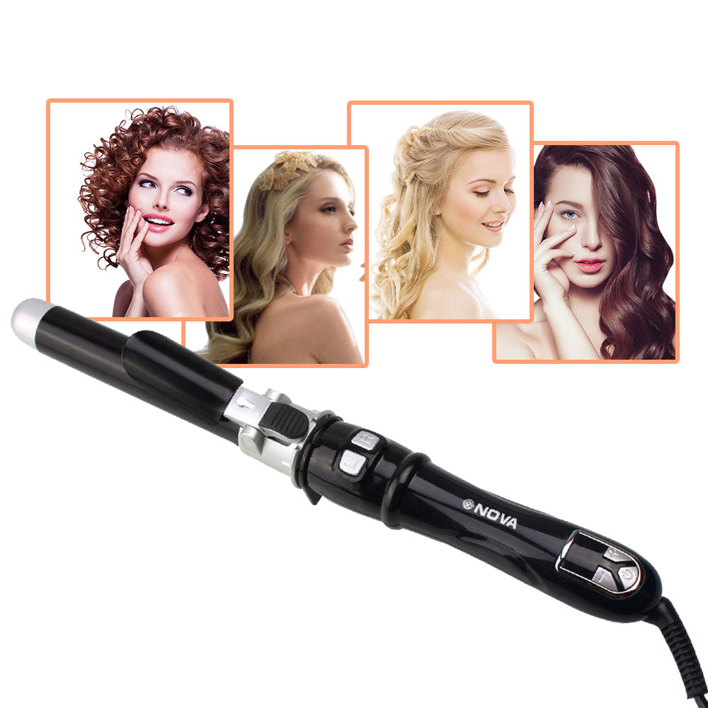 Nova black curling iron with ceramic barrel and four women showing different curly hairstyles