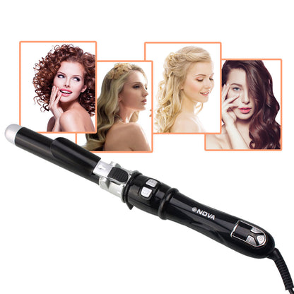 Nova black curling iron with ceramic barrel and four women showing different curly hairstyles