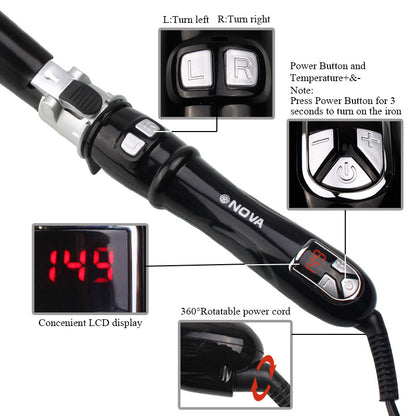 Black NOVA automatic curling iron with LCD display, power and temperature buttons, rotatable cord