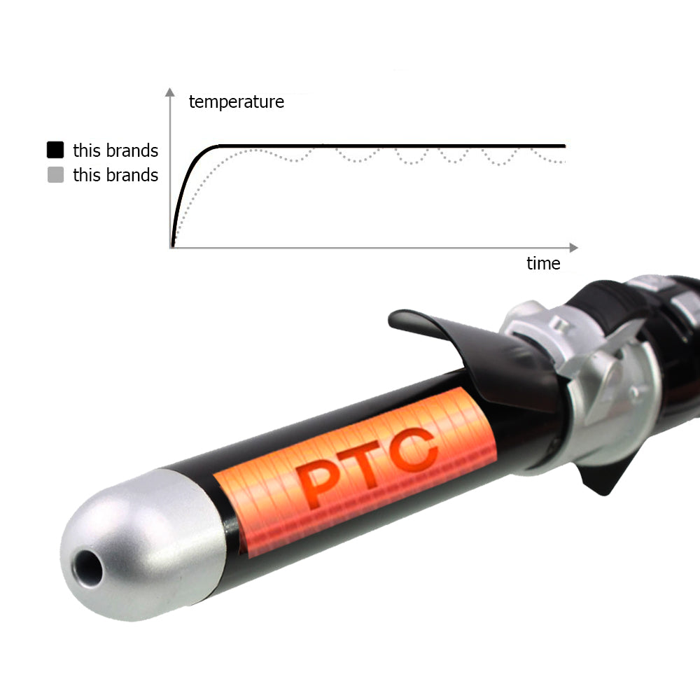 Close-up of a curling iron barrel labeled PTC heating with a temperature stability graph