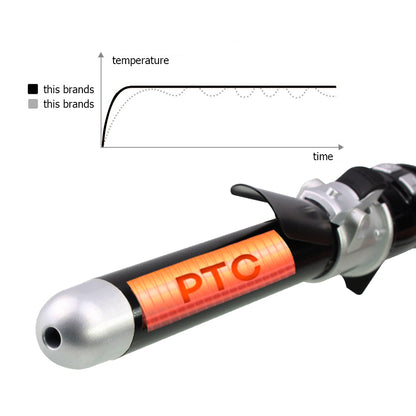Close-up of a curling iron barrel labeled PTC heating with a temperature stability graph