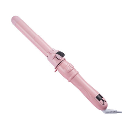 Pink ceramic curling iron with clamp and digital display on handle on white background