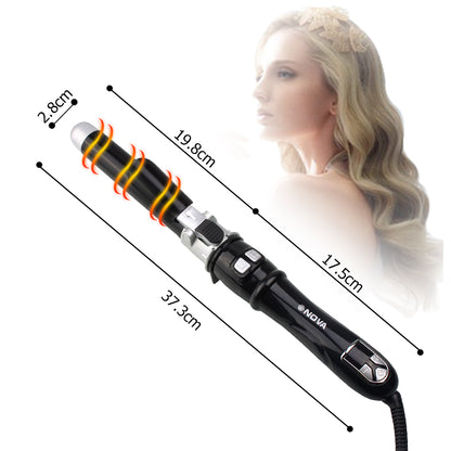 Nova black curling iron with clamp and heat indicator, shown with dimensions and model with wavy hair