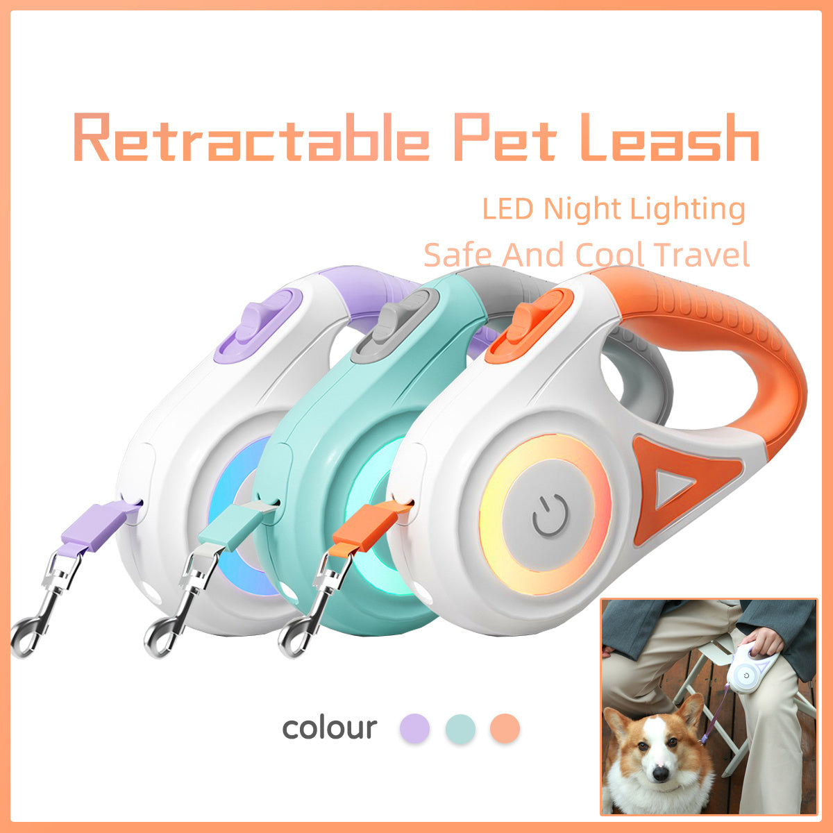 Retractable pet leash with LED night lighting in purple, mint, and orange, ergonomic handle, shown with dog