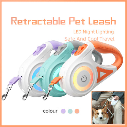 Retractable pet leash with LED night lighting in purple, mint, and orange, ergonomic handle, shown with dog
