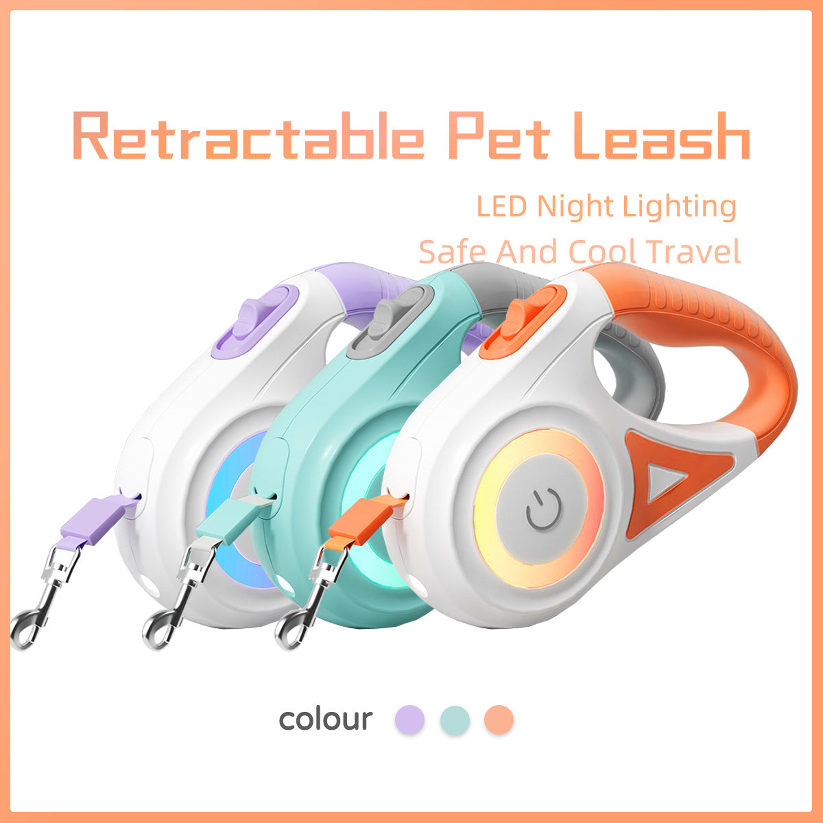 Three retractable pet leashes in purple, turquoise, and orange with LED night lighting and ergonomic handles